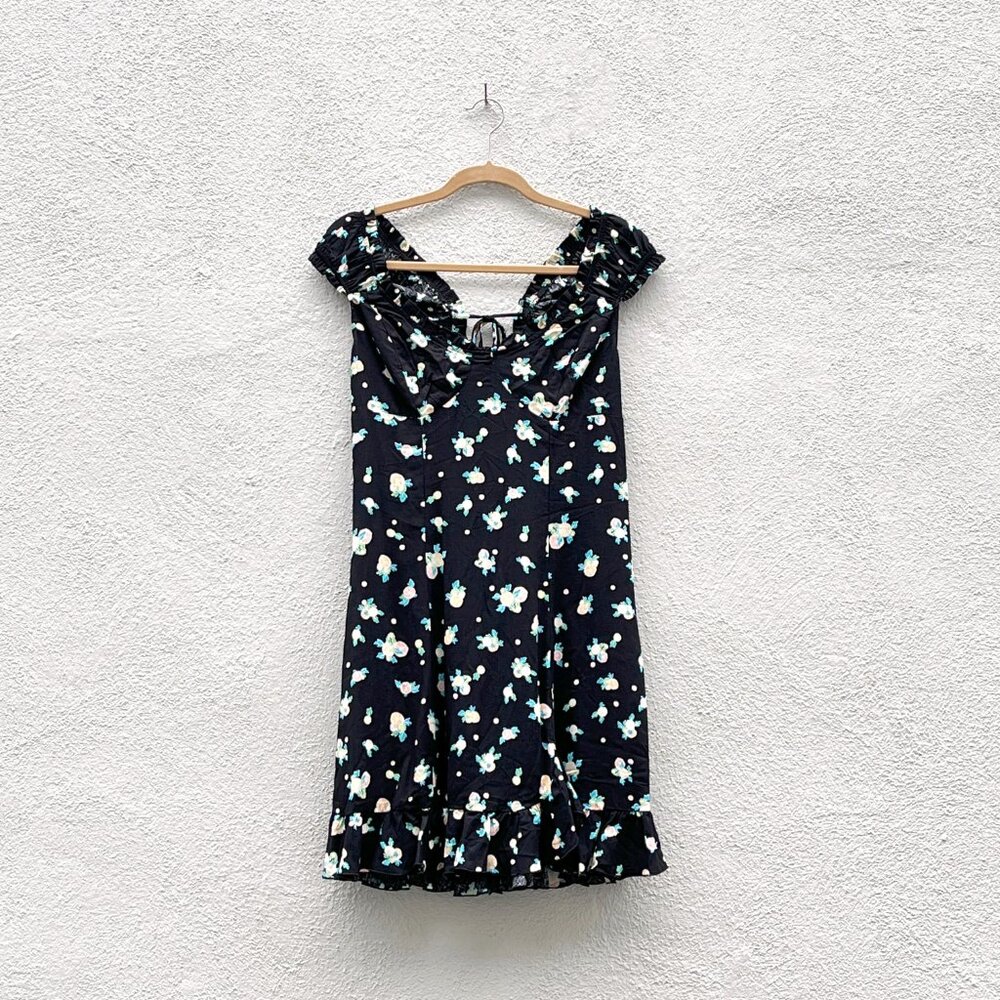 NWT Free People Like a Lady Black Lemon Print Ruffle Hem Mini Dress Medium